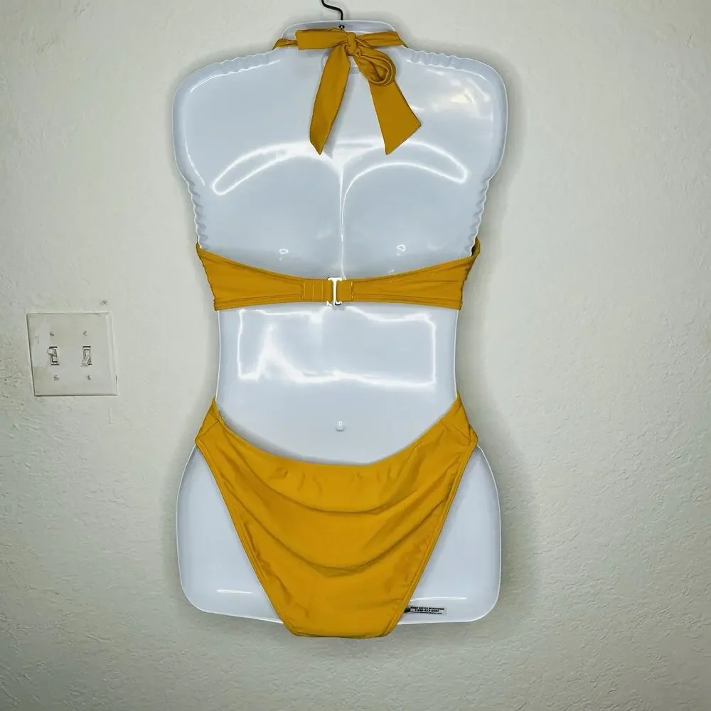 Andrea Iyamah Nayo One Piece Swimsuit yellow Halter Cut Out Spring Break Medium